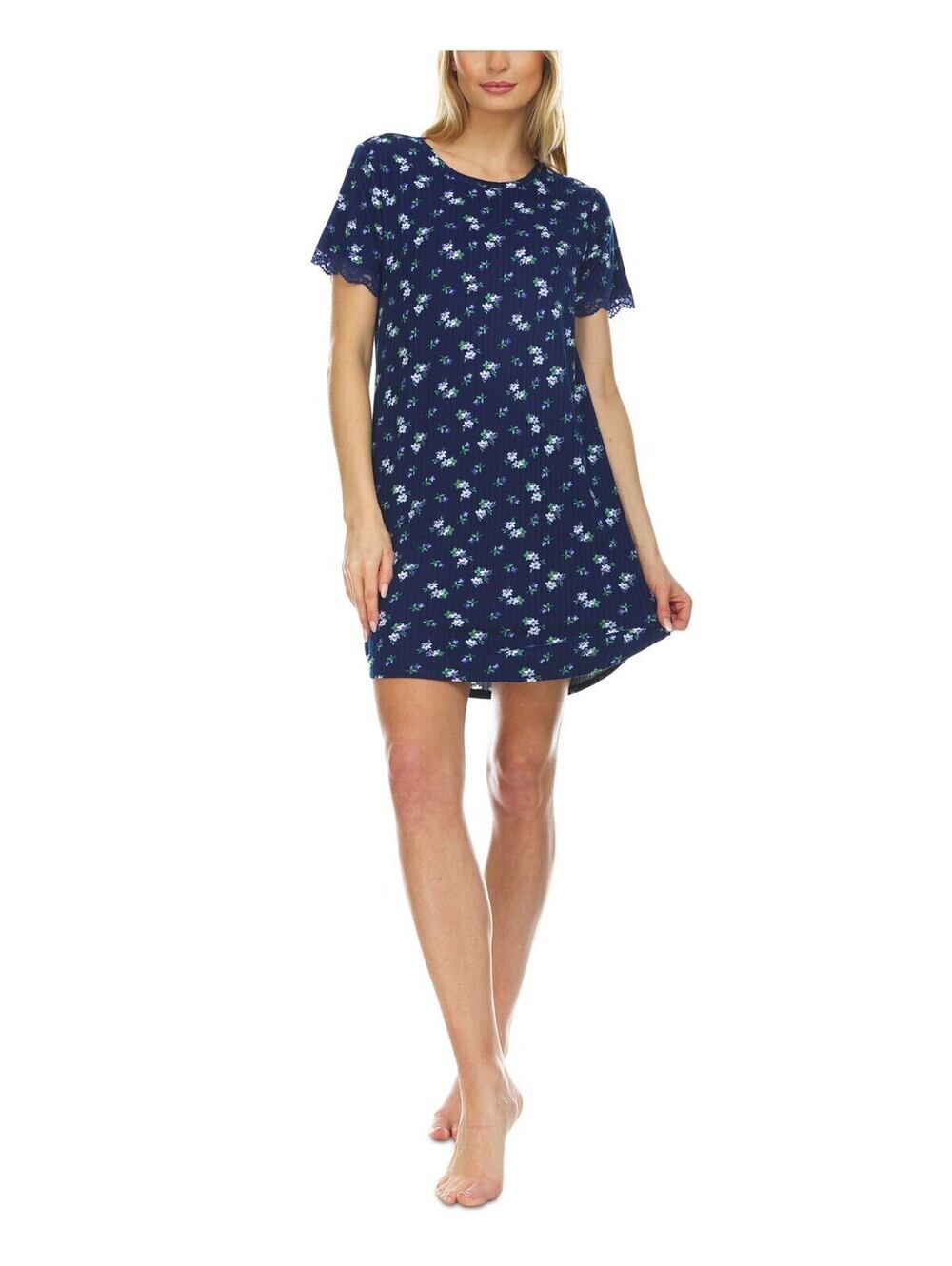Flora by Flora Nikrooz Womens Lace-Trim Ribbed Sleep Shirt Nightgown Navy Size L